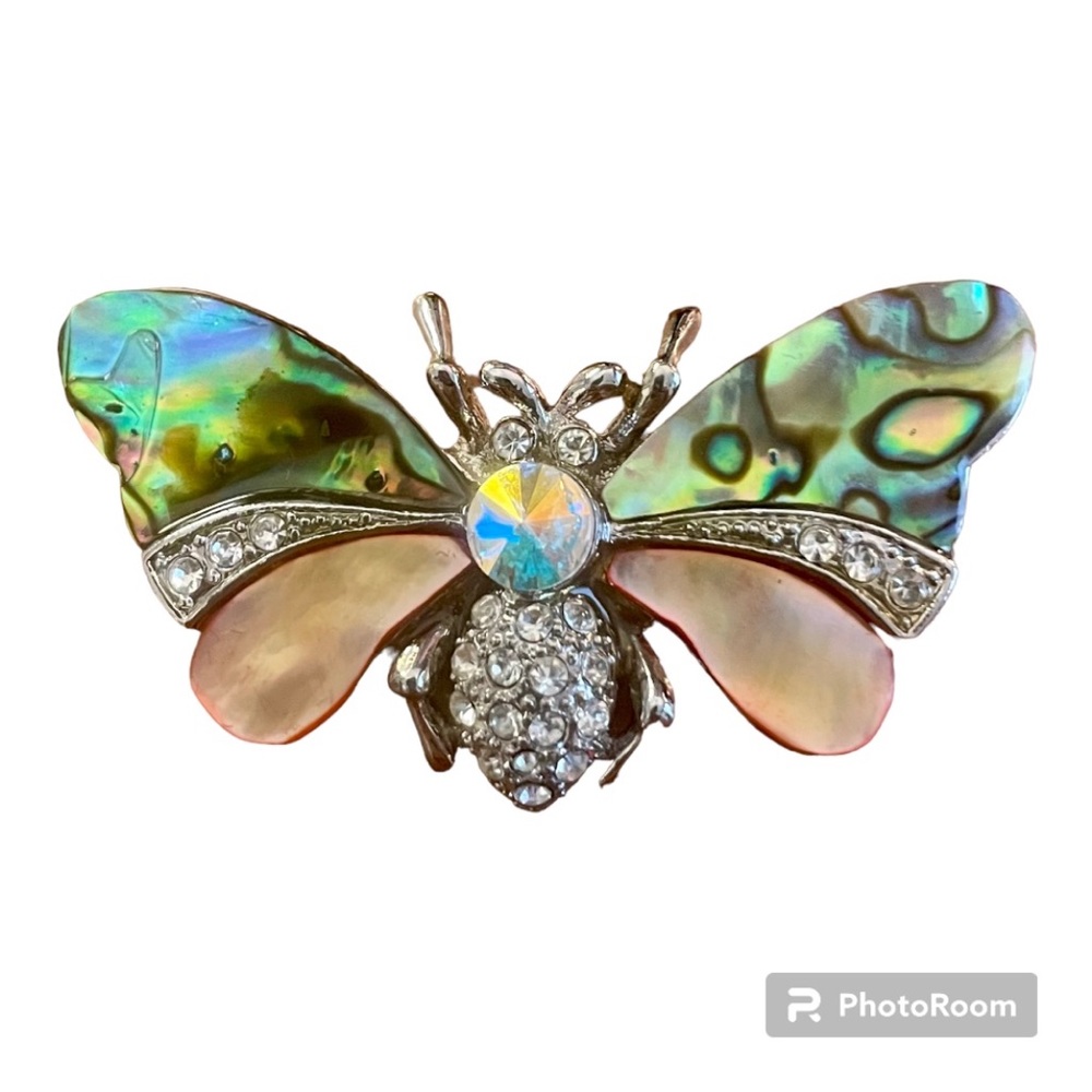 BUTTERFLY brooch encrusted w/ rhinestones & abalone shell / vtg. costume / EUC!